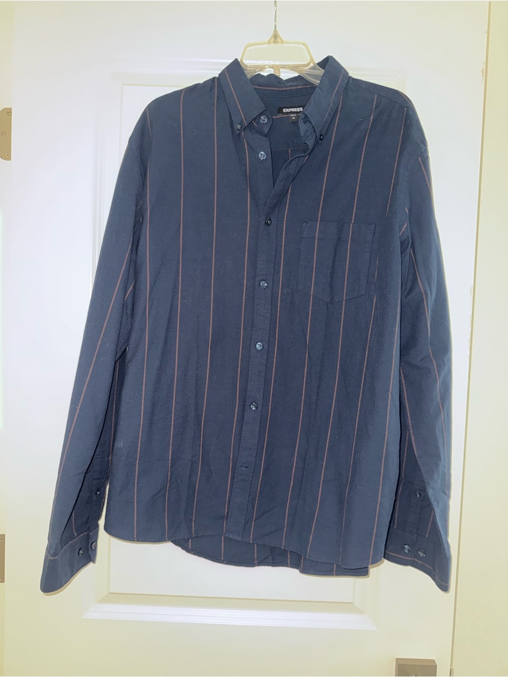 Express Men's Navy Button-Down Shirt with Pinstripes